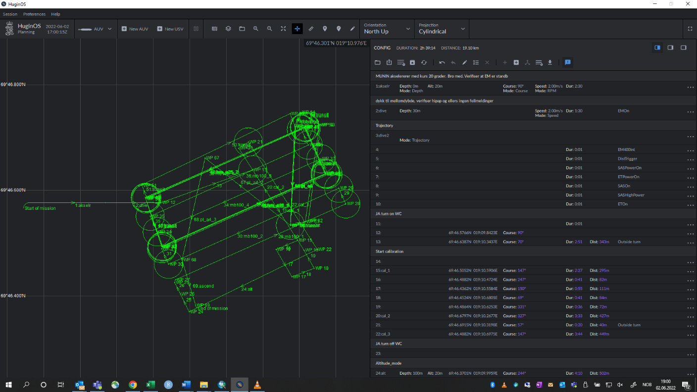 Screenshot of HuginOS and the planned dive track and instructions for the test site