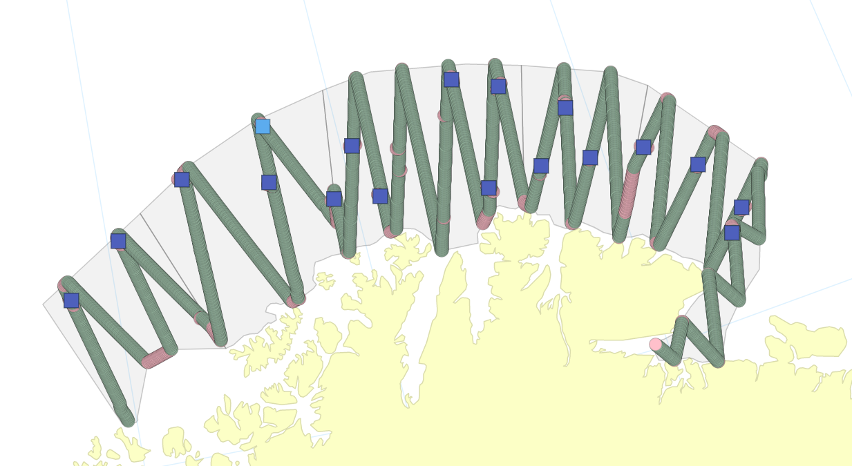 Figure 2. Overview of transects (green: included in the biomass estimation, pink: not included in the biomass estimation). Blue dots mark trawl stations, with dark blue denoting stations with capelin caught, and these are included in the estimation. The gray shaded areas mark the strata (counting 1-6 from west to east). 