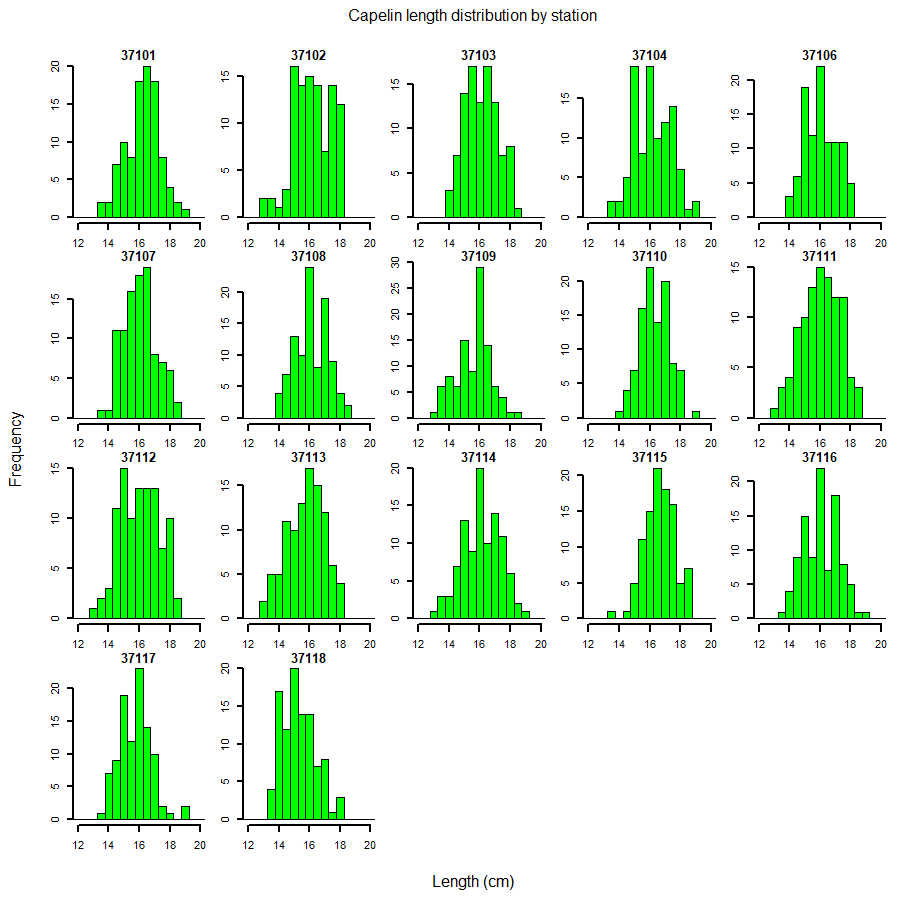 Figure A9. Capelin length distribution by station; station serial number is given at the top of each panel (see figure A8 for geographical position of the stations).