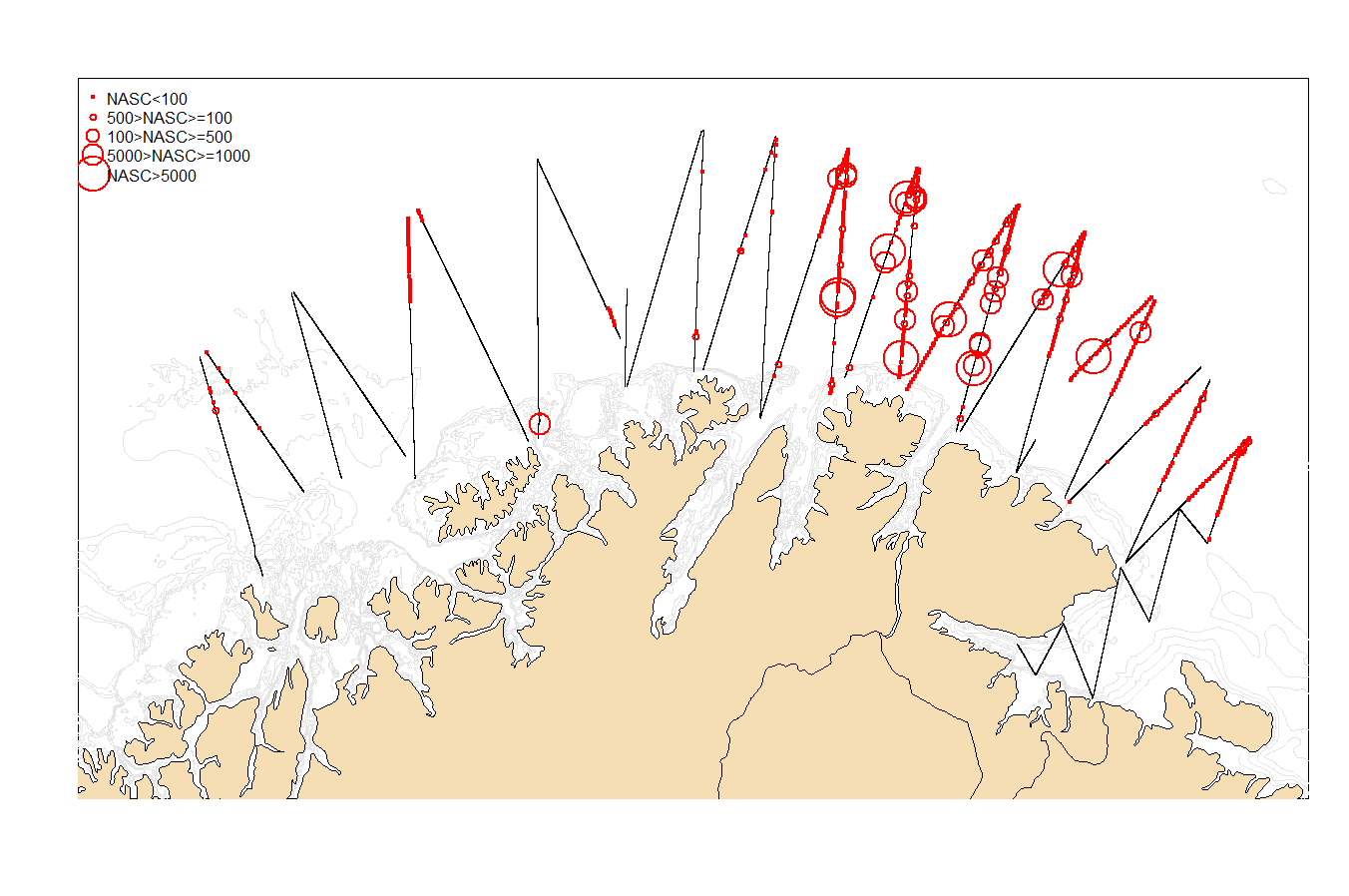 Figure 3. Distribution of NASC (m2nmi-2) allocated to capelin. The size of the circle corresponds to NASC-value per 1 nautical mile.