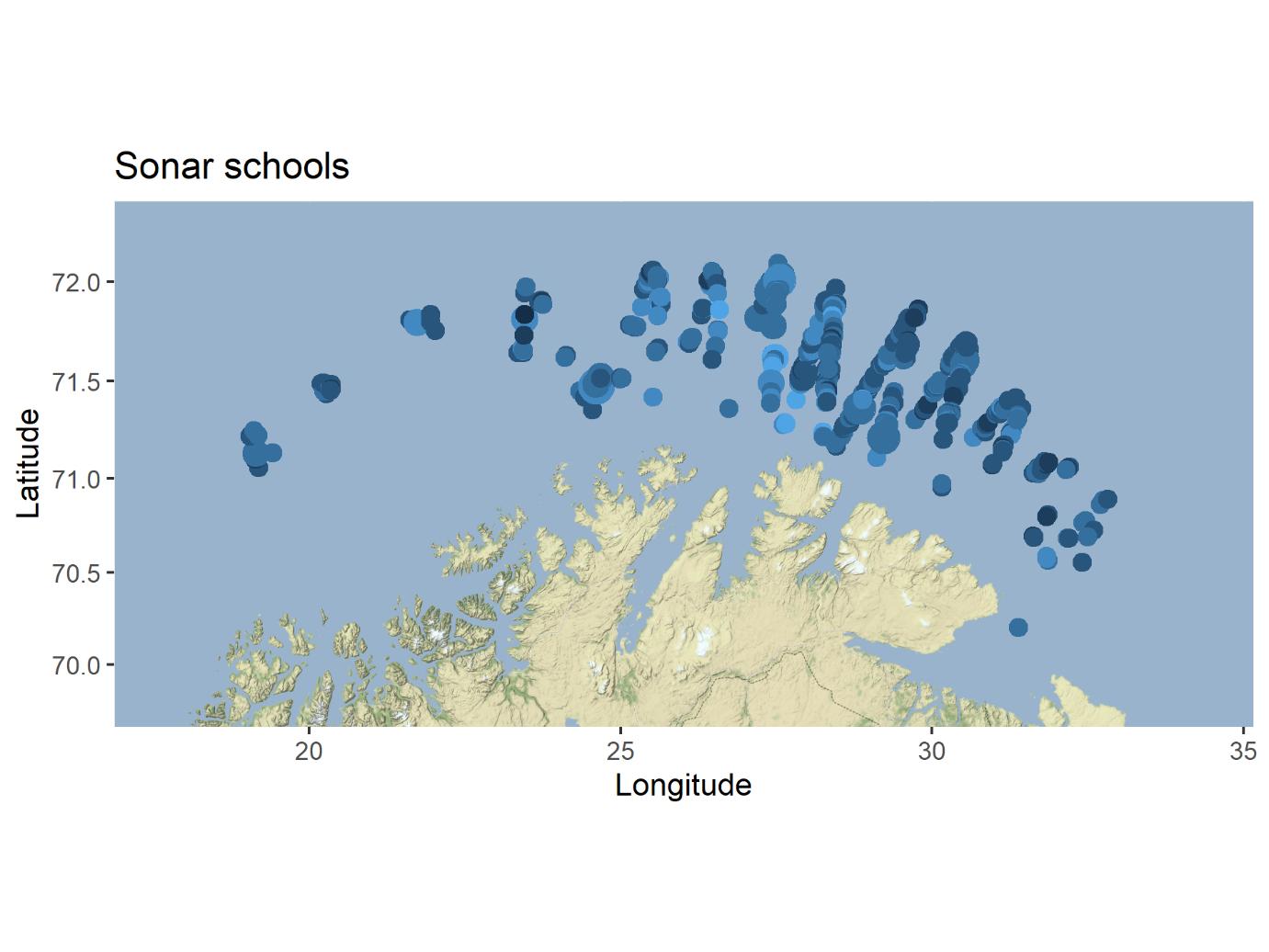 Figure 4. All schools detected with sonar. Bubble sizes represent school area and blue colour strength the acoustic density (Sv in dB re 1m-1). 