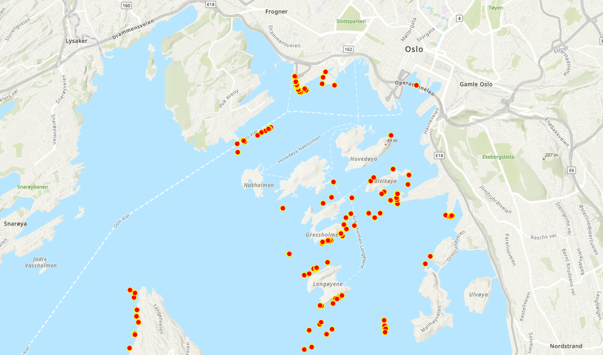 Figur 3: Kart over funn i og rundt Indre Oslofjord hummerfredningsområde (n = 209).