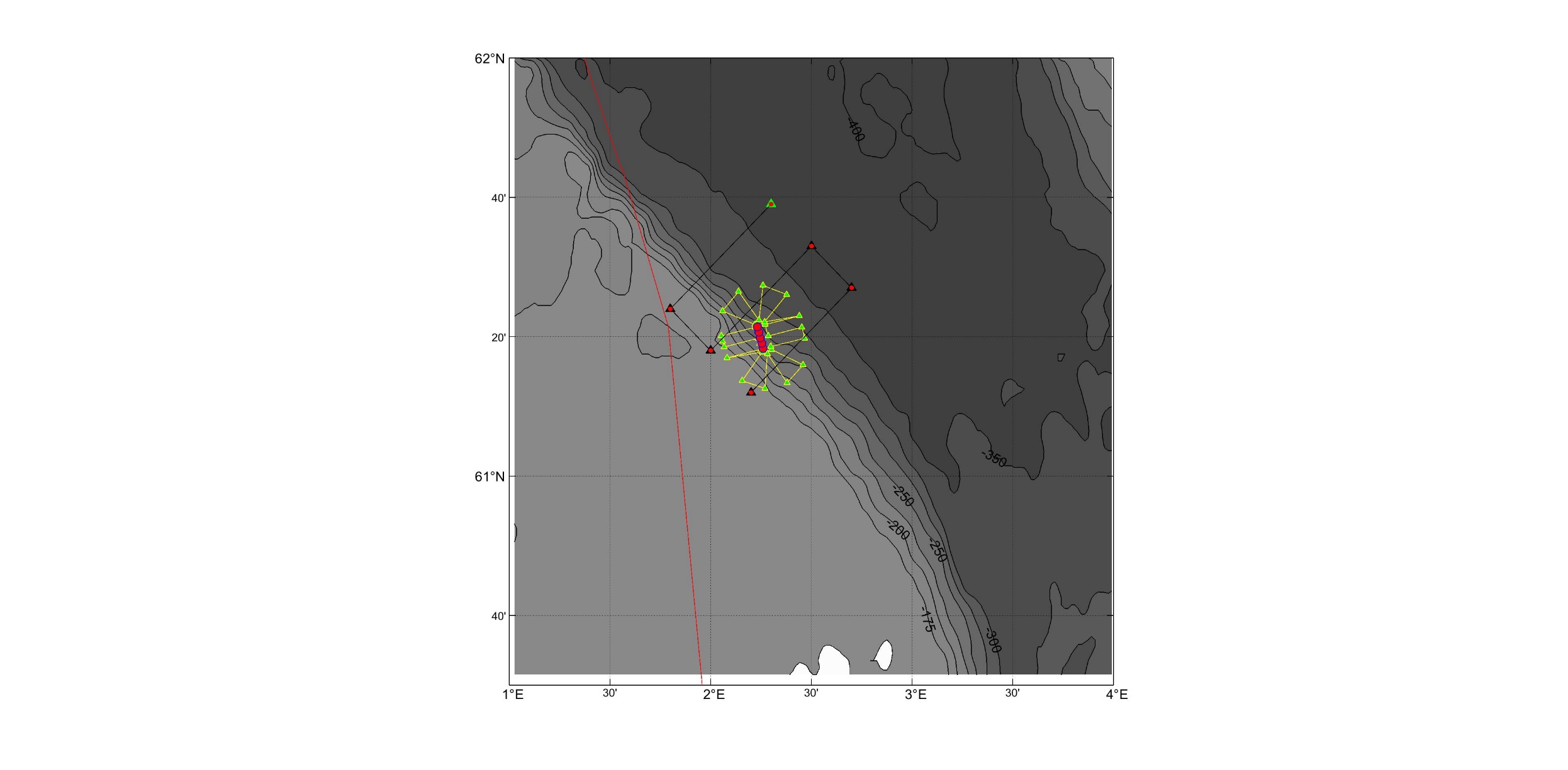 Figure shows a depth map of the Tampen area, with the 3 CTD transect lines across the slope from the Tampen plateau to the Norwegian trench. The 11 turbines at the Hywind Tampen wind farm are marked on the map, lying across the slope. In addition, is the acoustic flower-shaped transect around the wind farm marked out.