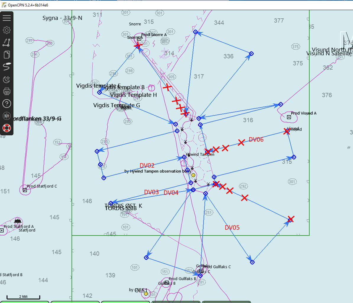 Figure shows a drawing of the acoustic transect around the windfarm in a flower like shape. Transect goes from
500 m off the turbines to 5.4 nm off the turbines. Red cross marks the 15 positions for CTD, eDNA and nutrient samples. In addition the five DeepVision trawl stations are marked with trawl station number (DV02 to DV06) on the transect line were the trawling was conducted.