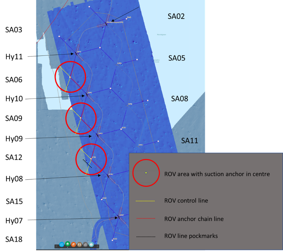 Drawing of the area where the ROV investigations was conducted. Three red circles mark the three suction anchors that was studied. Eight dashed red lines mark the video lines along eight anchor chains. Dashed yellow lines are video control lines. Red ring is 500m in radius. Dashed black line is a video line along some
pockmarks. The later was not studied 