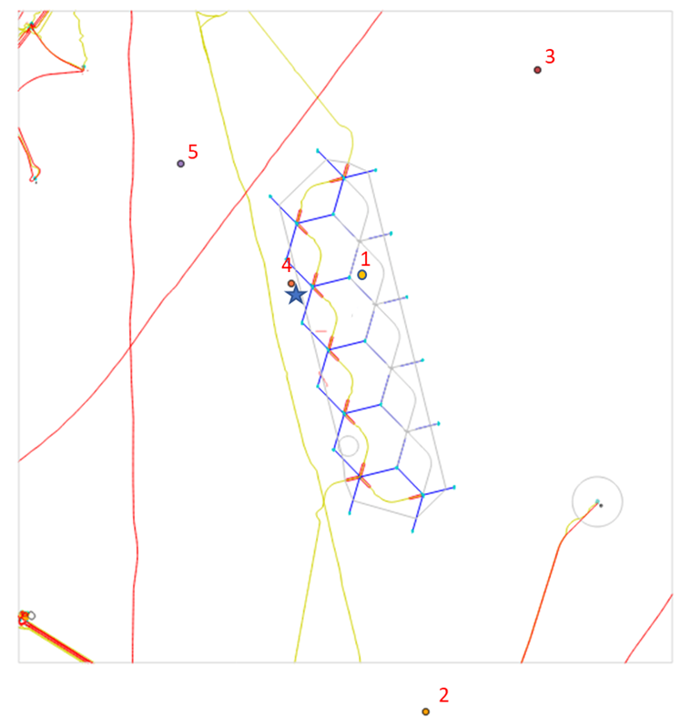 Map of Hywind Tampen showing how the 5 ADCP's and one hydrophone mooring were placed in and around the windfarm. Information on positions are given in table 2