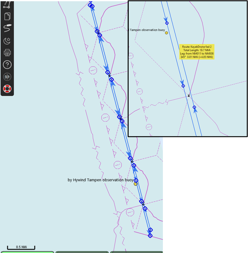 Drawing of the transect conducted by the Kayak Drones. It goes in between the turbines and passes at a distance of 15-25 m.