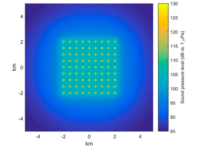 Figure shows how sound pressure level propagates from a windfarm area  