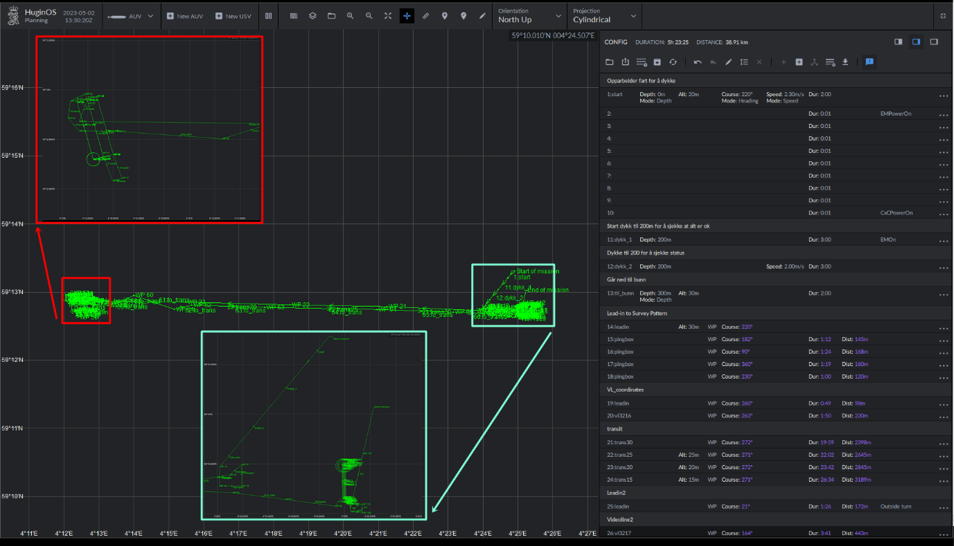 Image shows a screenshot of hugin OS and the dive plan for the First dive (the screen is black with a green line map shown on the left while the right is a panel with many lines of text instructions to the AUV to turn, ascend etc). Two insets have been added to the map to show more detail at either end of an east-west transect where there are more complex patterns present.