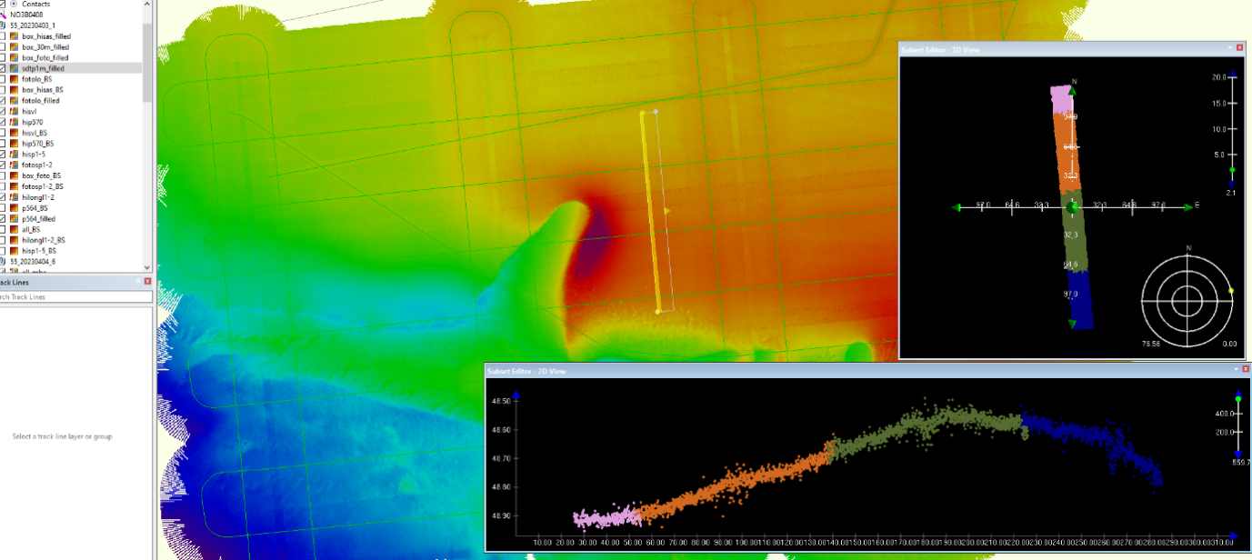 Image shows a screenshot from Caris MBE cleanig software where MBE data from the second dive is shown with insets that show data in crossection to see how lines collected alongsie each other align in depth records - this shows good data which are collected imediatey after eachother and match up well