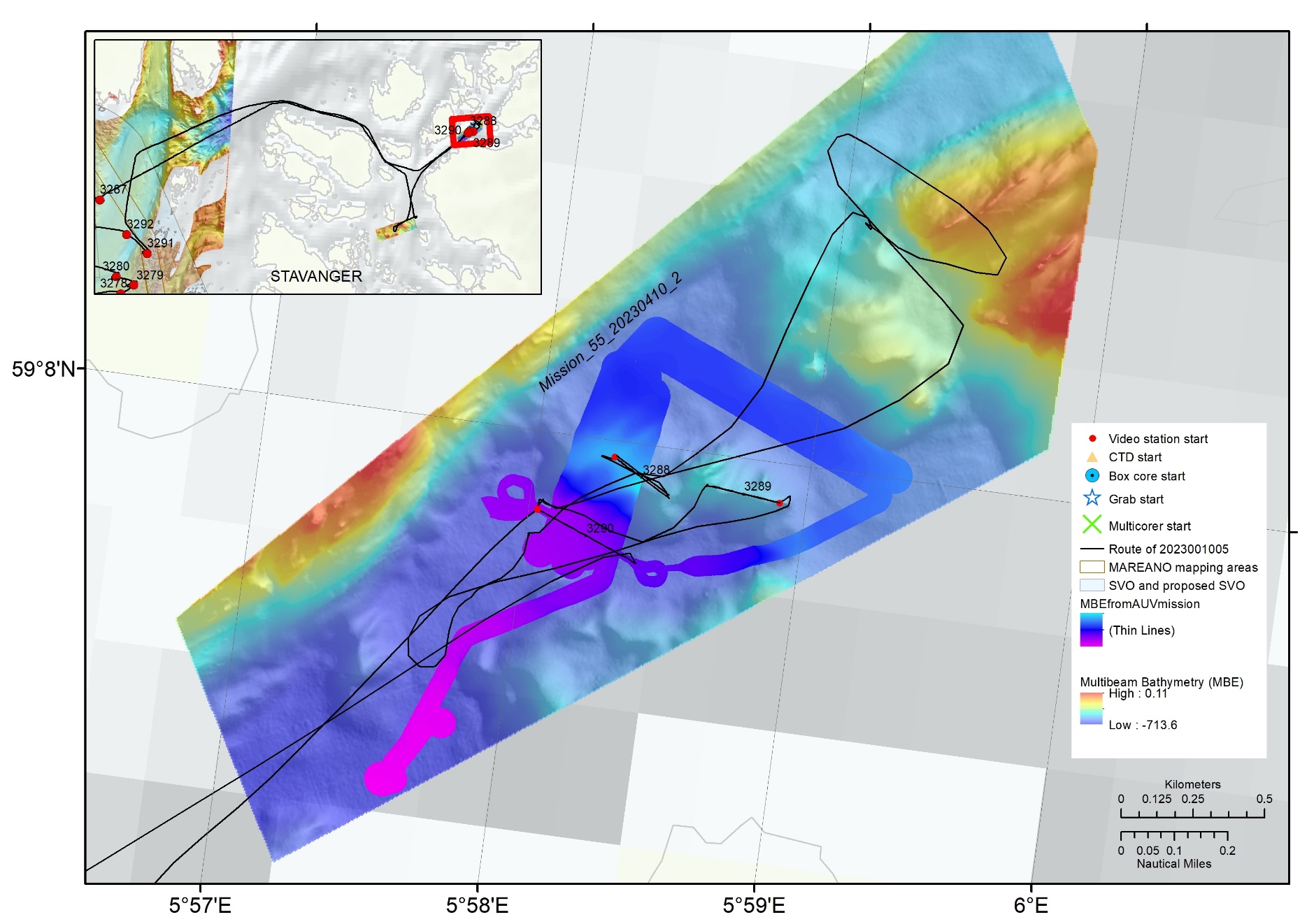 Zoom in on the Fgnafjorden area of the map showing the zigzagging route of the cruise overlapping the multibeam data with stations labelled with R numers and symbols showing what type of data was collected there.