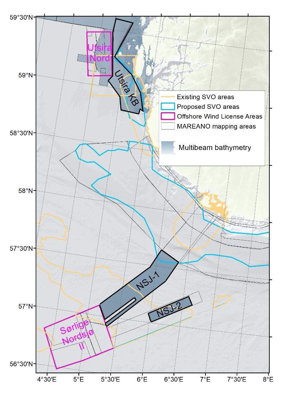 Overview map highighting where the Utsira KB and NSJ-1 and NSJ-2 areas are situated relative to the coast of norway and relative to offshore wind license areas (Utsira Nord adjoins the west of Utsira KB, Sørlige Nordsjø II adjoins SW of NSJ-1) and overlapping SVO areas