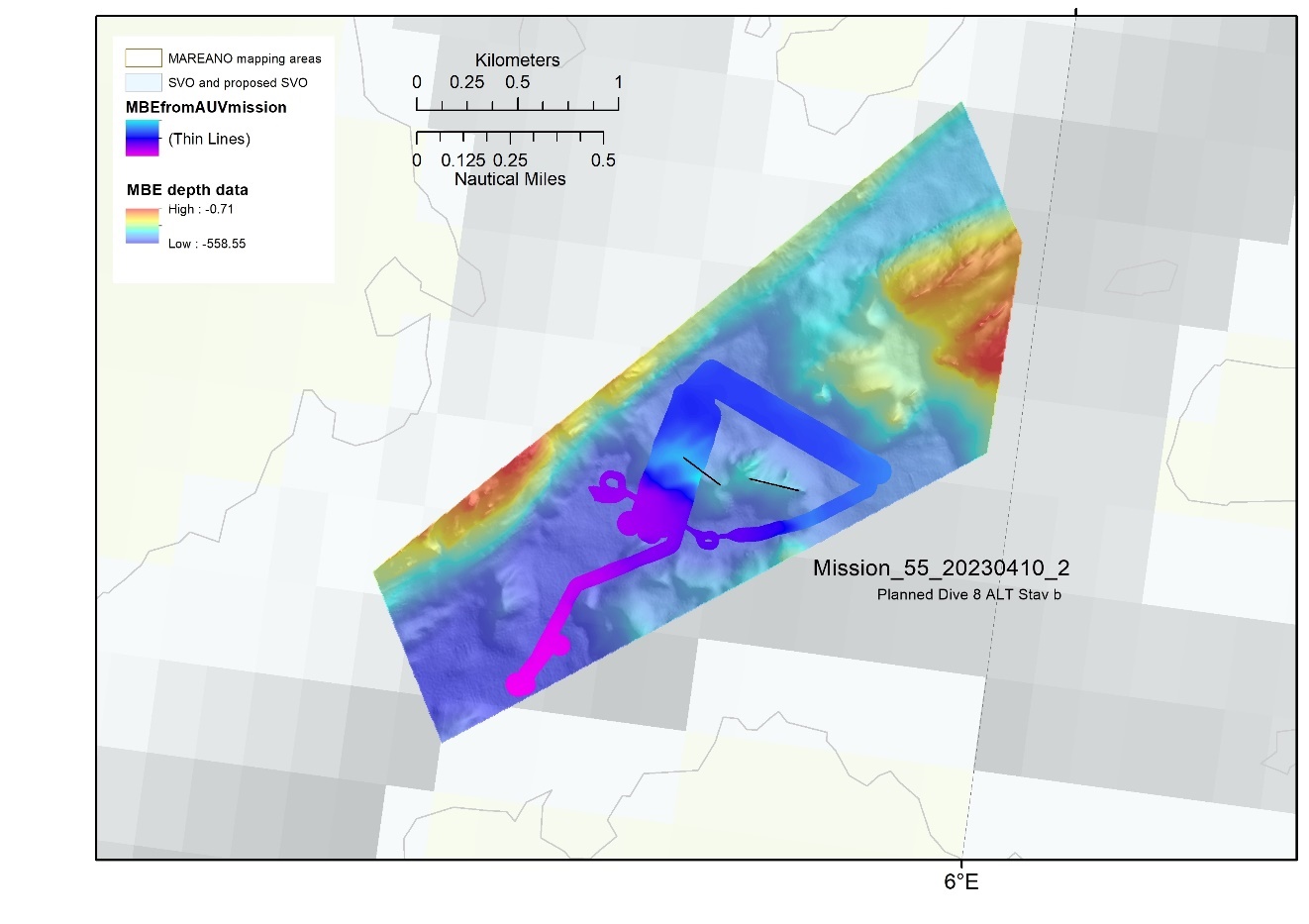 Image shows a map of the Fognafjorden area with the AUV mision indicated by both its MBE data footprint and a label. The MBE data shows a complex shape that ranges around some underwater hill features that were too steep to cover fully.