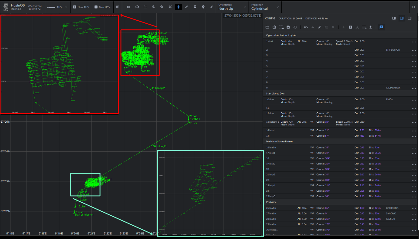 Image shows a screenshot of hugin OS and the dive plan for the second dive (the screen is black with a green line map shown on the left while the right is a panel with many lines of text instructions to the AUV to turn, ascend etc). Two insets have been added to the map to show more detail at either end of a side ways v shaped transect that starts with a complex patch in the south, transits NE then bends to the NW before starting another complex patch.