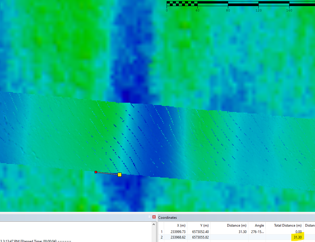 Image shows a CARIS screenshot zoomed in on MBE data in Caris where the AUV MBE is overlapping surface vessel MBE - a deeper trench feture runs from the bottom to the top but has misalignment of around 30m in the AUV data as compared to the surface data