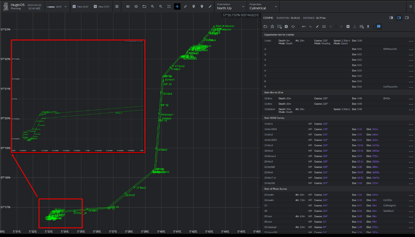 Image shows a screenshot of hugin OS and the dive plan for the fourth dive (the screen is black with a green line map shown on the left while the right is a panel with many lines of text instructions to the AUV to turn, ascend etc). One inset has been added to the map to show more detail in the complex patch in the SW extent of the map. The dive starts in the NE and transits roughly SW with a few bends to overlap features along the way. The dive then completes a turn in the complex patch then follows the same line slightly offset back to the NW