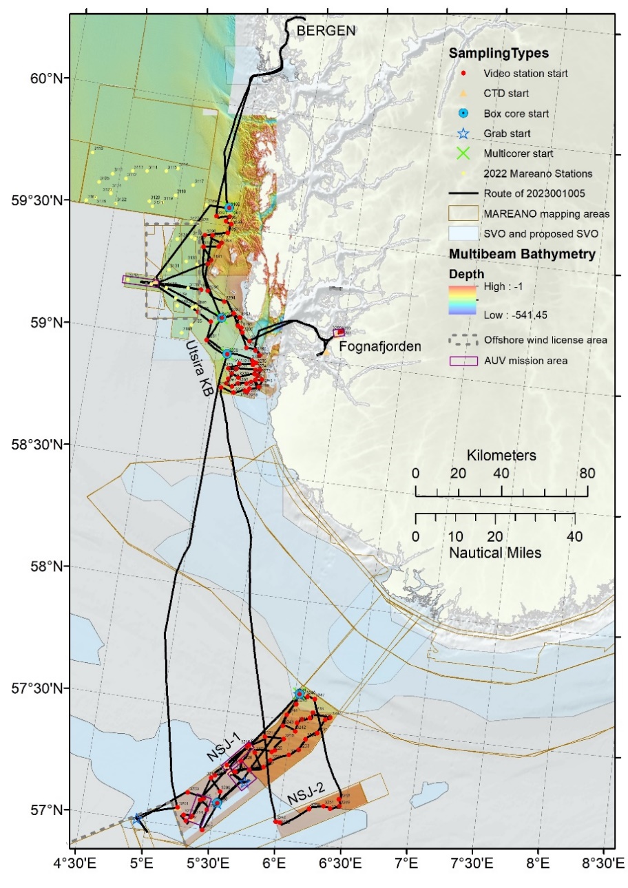 An overview map of the cruise route is shown encompassing the south of Norway from Bergen in the north to the NS1 and NS2 areas that border the Danish EEZ.