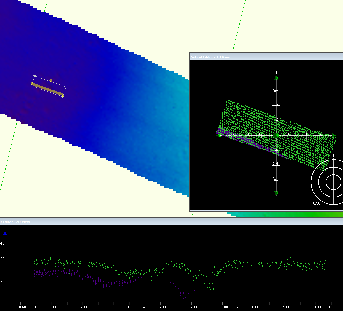 Image shows a screenshot from Caris MBE cleanig software where MBE data from the second dive is shown with insets that show data in crossection to see how lines collected alongsie each other align in depth records. Here adjacent lines have a misalignment both in space (of around 1m) and depth (of around 10cm) after only 30mins after los of turns that shuould have minimised drfit