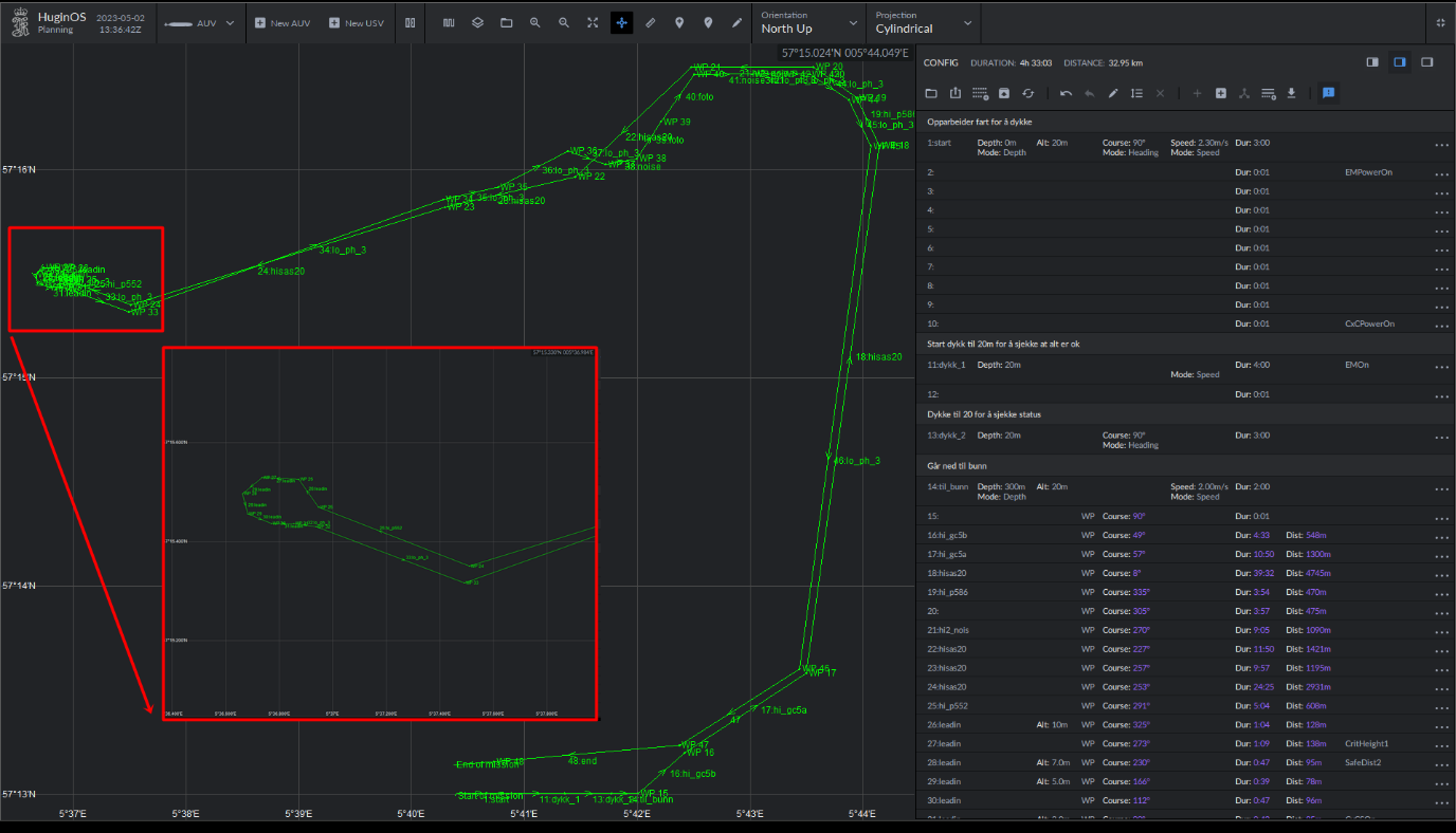 Image shows a screenshot of hugin OS and the dive plan for the third dive (the screen is black with a green line map shown on the left while the right is a panel with many lines of text instructions to the AUV to turn, ascend etc). One inset has been added to the map to show more detail of a complex patch at the western extent of the map, with the dive starting in the SE, transiting, north, arcing NW, then heading WSW before completing the complex patch and returning again slightly offset from the outbound line.