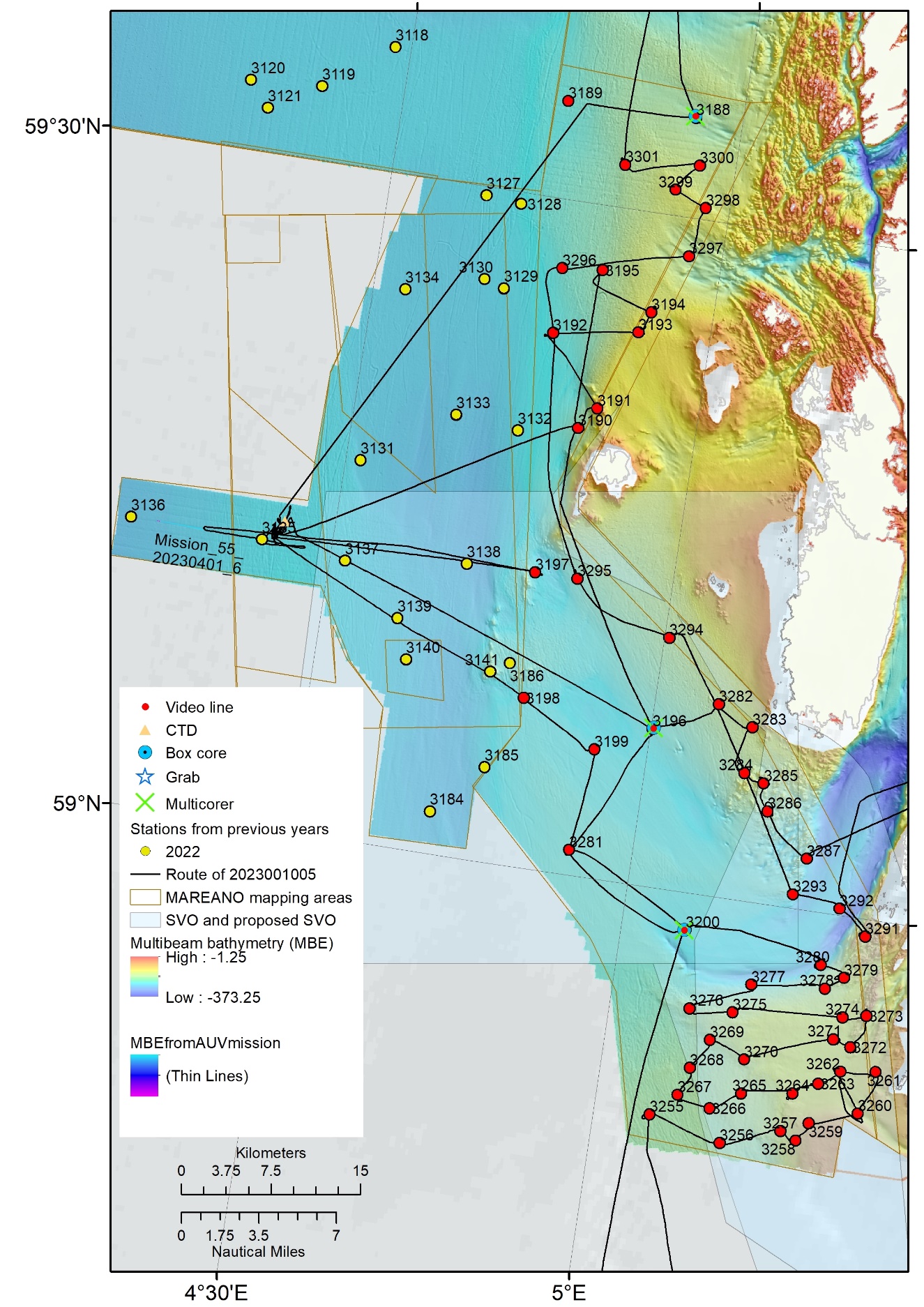 Zoom in on the Utsira KB area of the map showing the zigzagging route of the cruise overlapping the multibeam data with stations labelled with R numers and symbols showing what type of data was collected there. 