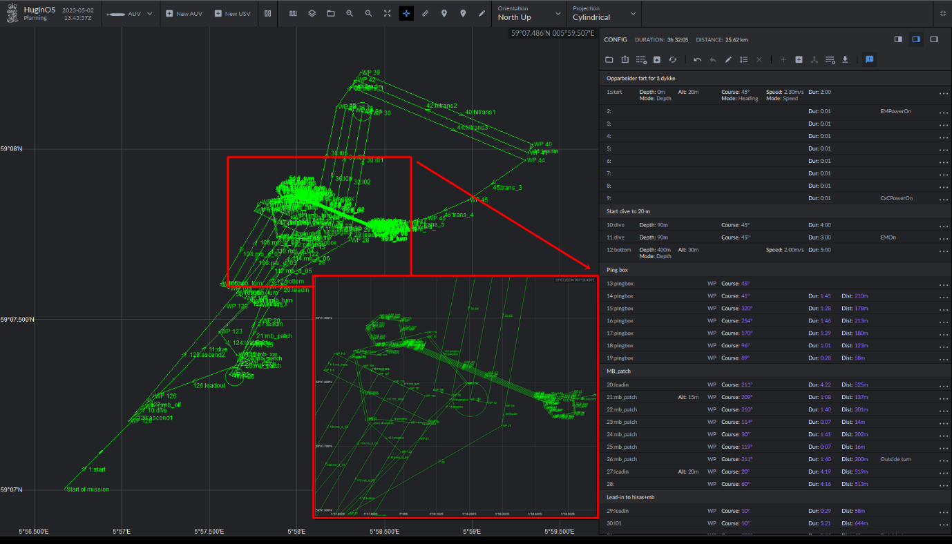 Image shows a screenshot of hugin OS and the dive plan for the fifth dive (the screen is black with a green line map shown on the left while the right is a panel with many lines of text instructions to the AUV to turn, ascend etc). One inset has been added to show more detail in the complex patch in the centre of the transect where man lines are overlapping - this is where MBE/HiSAS patchs overlap with photomosaic patches at right angles to each other.