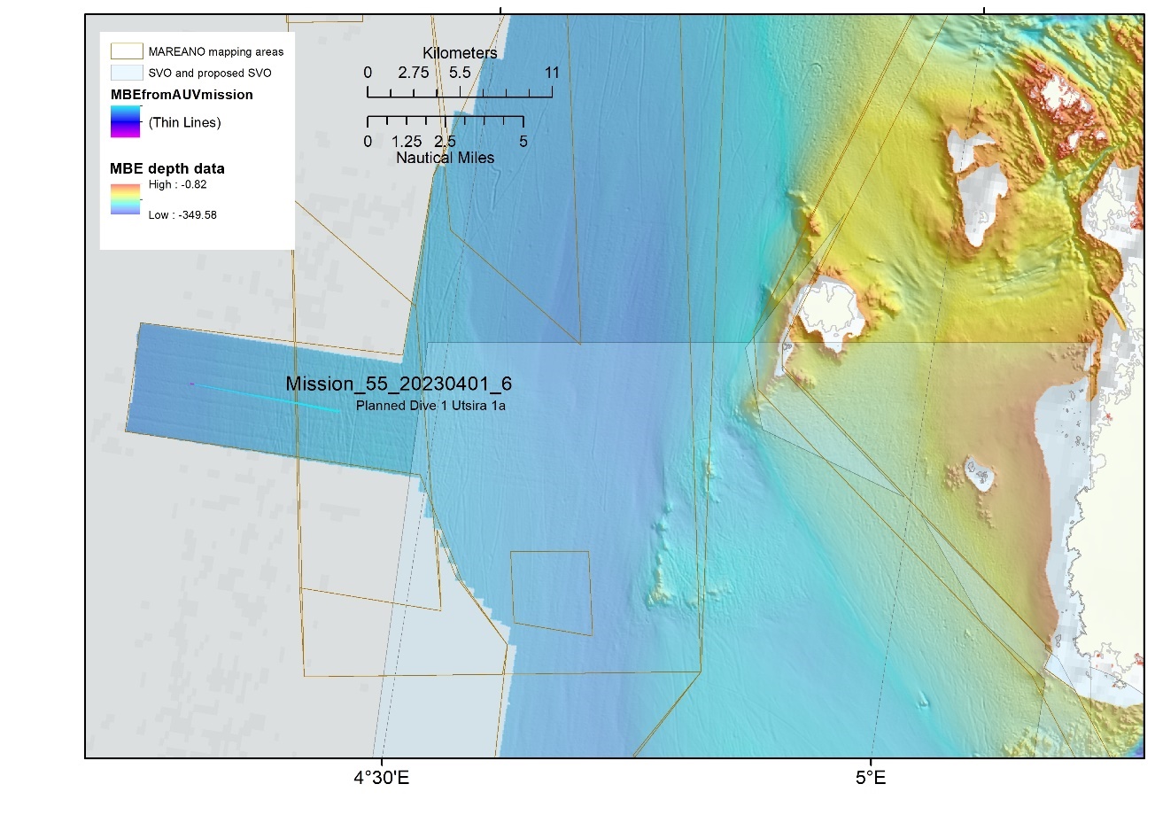 Map zoomed into the centre of the Utsira KB and Utsira Nord areas with Utsira island shown on the left of the image and the AUV mission, indicated by both MBE data and a label, shown in the area outside of the 12nm boundary but overlapping into the Utsira Nord licene area on the right of the image.