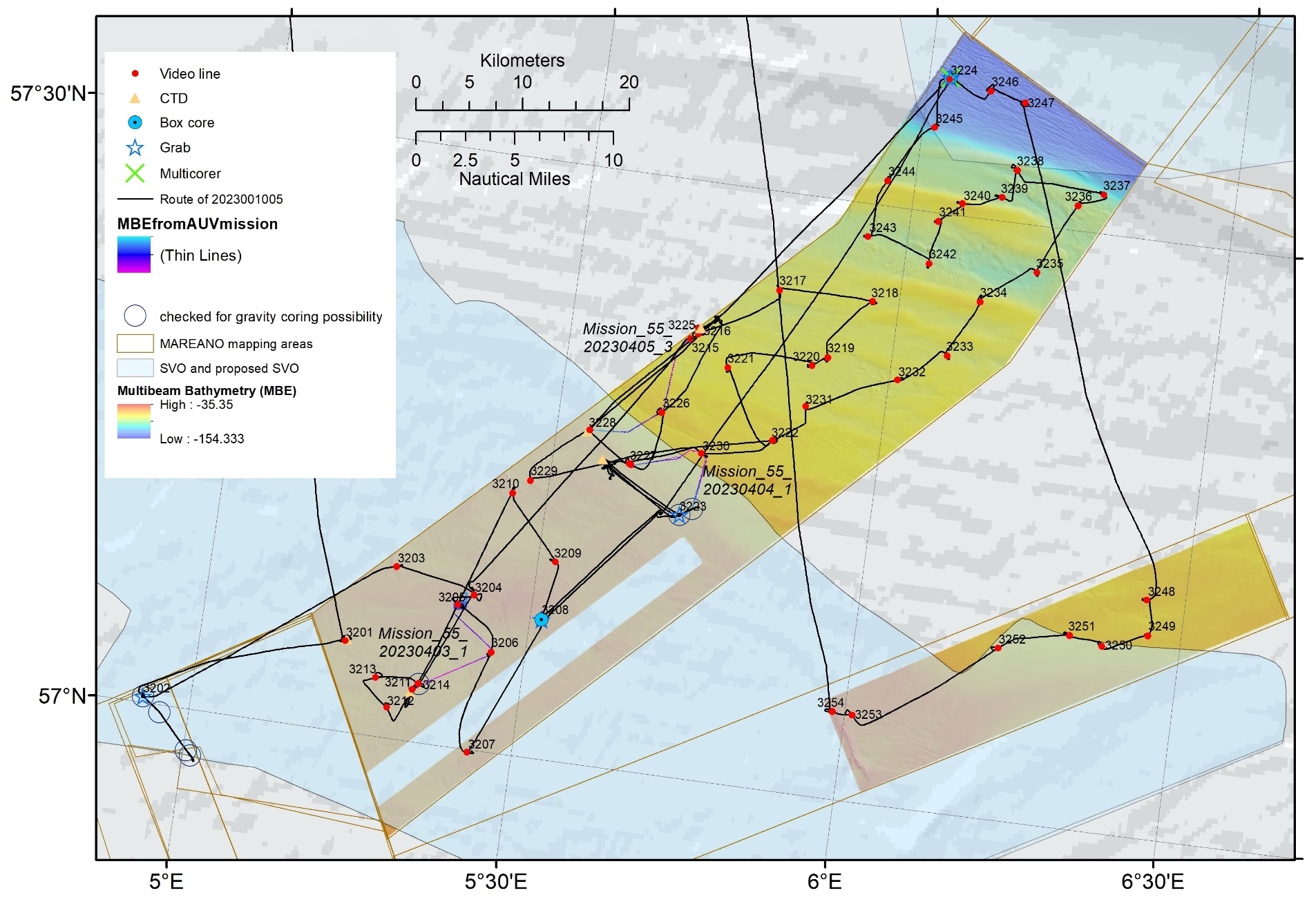 Zoom in on the NSJ-1 and NSJ-2 areas of the map showing the zigzagging route of the cruise overlapping the multibeam data with stations labelled with R numers and symbols showing what type of data was collected there.