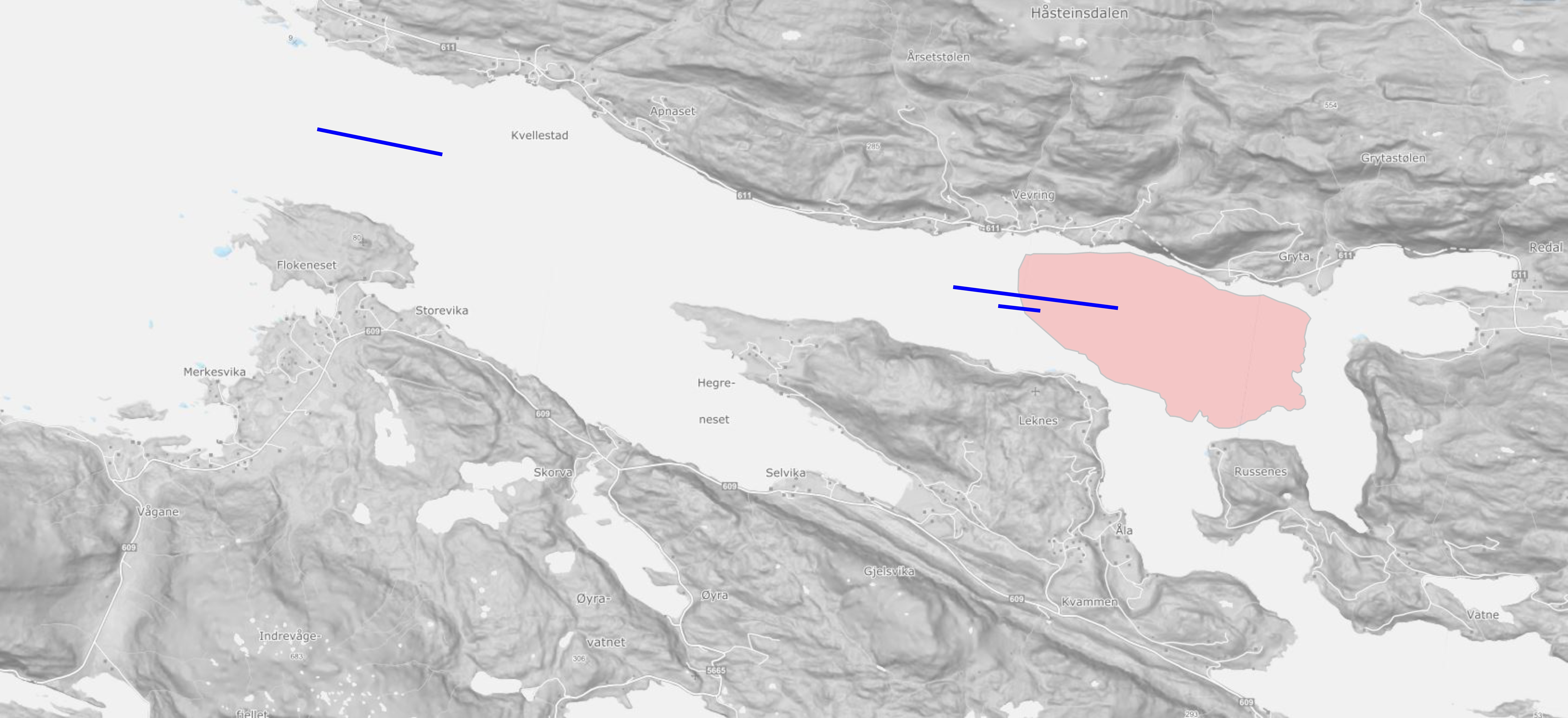 Kartet viser passeringen av de tre bunntrålstasjonene i Førdefjorden på toktene i 2021 og 2022., som trålstreker, fra start- til stopposisjon. De to trålstasjonene i deponiområdet startet begge utenfor det planlagte området og ble avsluttet inne i deponiområdet