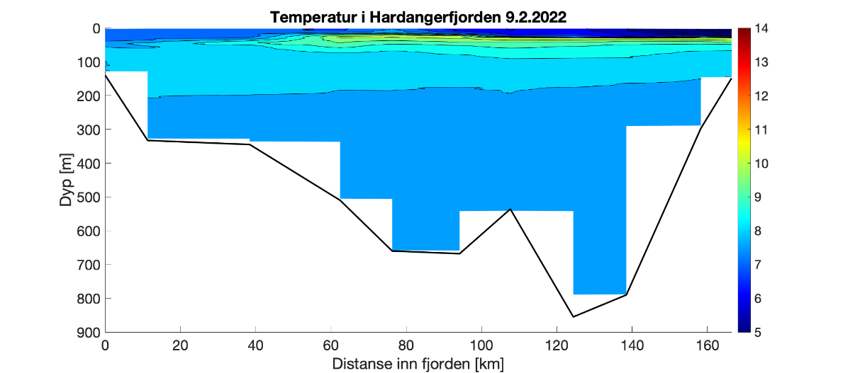Figuren viser et histogram som illustrer variasjonen i temperatur i vannsøylen (0-800 meter) innover i Hardangerfjorden (0-160 km inn i fjorden). Fargeskalaen representerer temperatur fra 14°C (rødt) til 5°C (fiolett). Det er høyest variasjon i de øverste 40-60 m, og ca. 7,5 – 8,5°C gjennom vannsøylen dypere enn 50 m. Kaldt overflatevann i hele fjorden.
