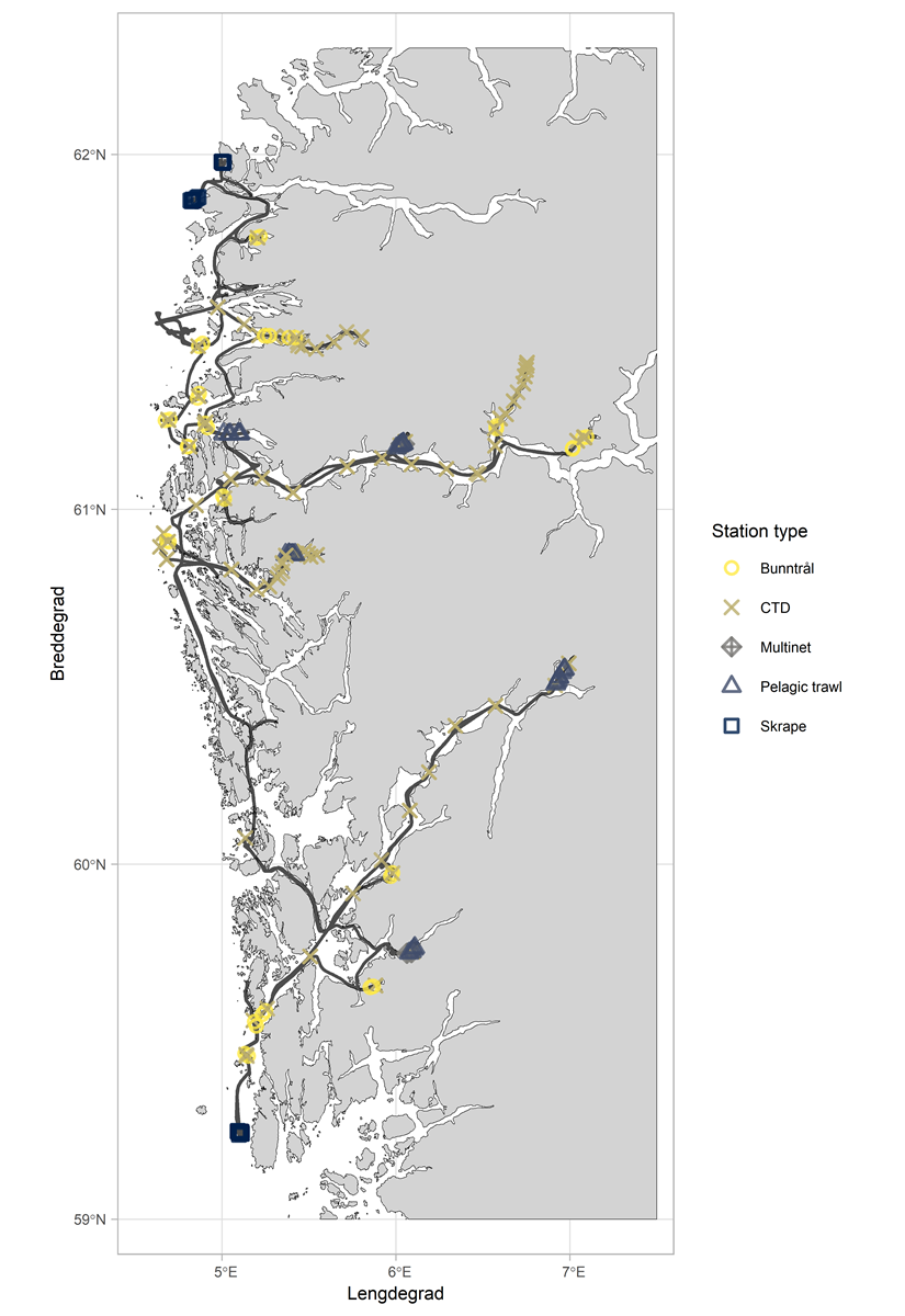 Kartet viser seilingsruten fra Haugesund i sør til Måløy i nord (svart sammenhengende linje) med plasseringen av alle stasjonene. Sirkler er bunntrål, kryss er CTD, ruter er multinett, trekanter er pelagisk trål og firkanter er skrape.
