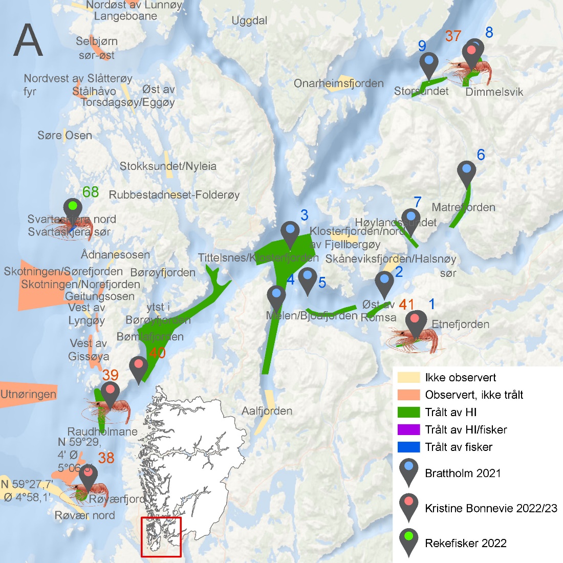 Figuren viser kartutsnitt fra Vestland fylke som vist i Figur 6.48. Kartet viser rekefelt med navn og med fargekoder som viser om de er ikke observert (gul), observert, men ikke trålt (oransje), trålt av HI (grønn), trålt av både HI og fisker (lilla) eller trålt av kun fisker (blå).