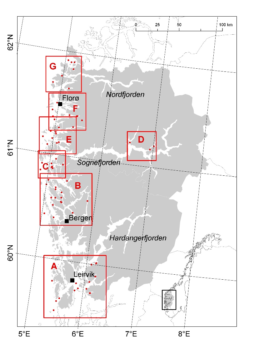 Figuren viser et kart over rekeundersøkelser i Vestland fylke. På kartet er det merket av 7 kartutsnitt (røde ruter) bokstavert fra A til G som henviser til kart i Vedlegg 9. Røde prikker i kartutsnittene viser til bunntrålposisjoner.