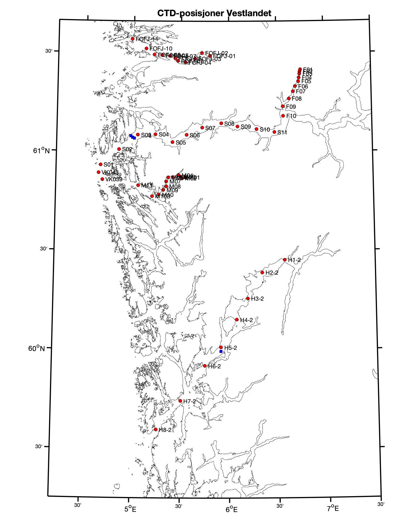 De faste CTD-stasjonene ligger jevnt plassert utover Hardangerfjorden (fra fjordmunningen til Granvin), Masfjorden, Sognefjorden (fra Sognesjøen til innerst i Fjærlandsfjorden) og Førdefjorden. Det ligger videre tre faste CTD-stasjoner ytterst i Gulen. En strømrigg er plassert i Hardangerfjorden ved Rosendal og tre strømrigger er plassert ytterst i Sognefjorden.