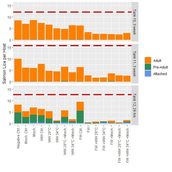 Fig. 2. Salmon louse loads across treatment groups and tanks for Round 1 experiments