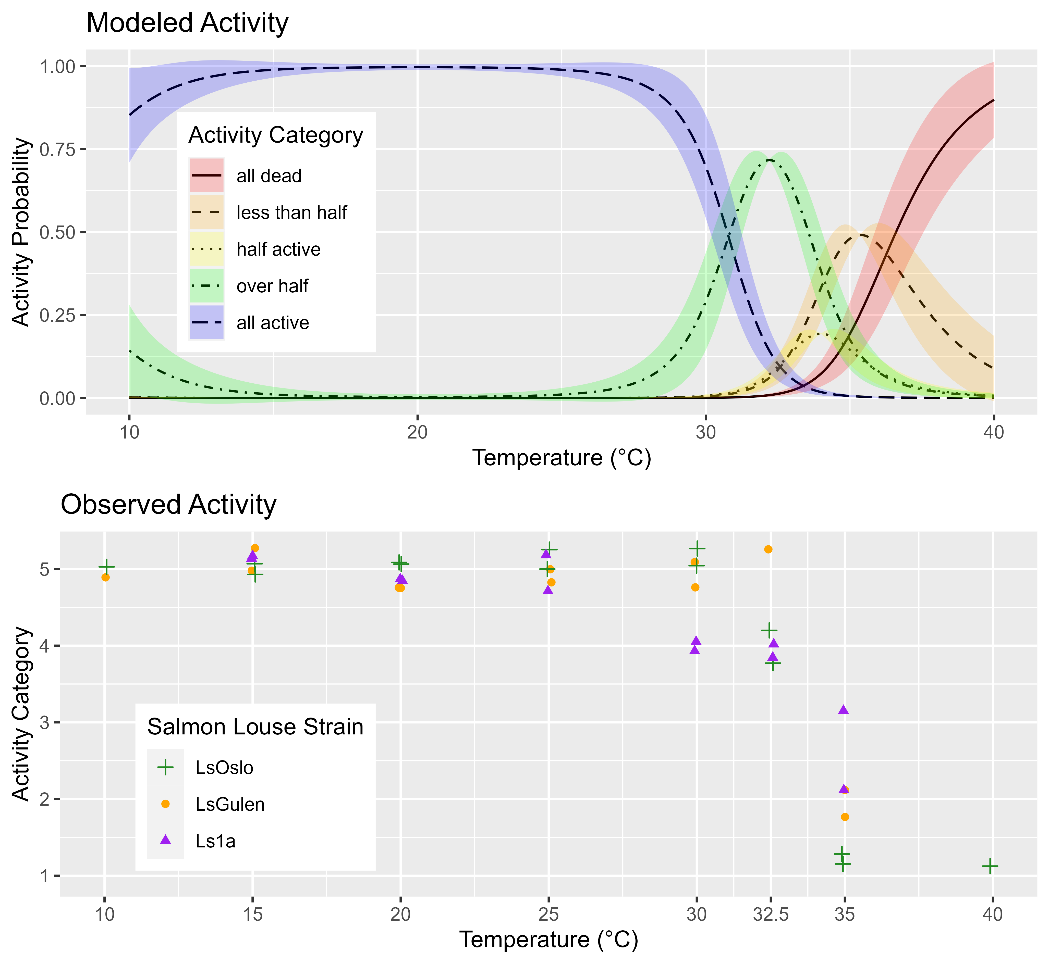 Figure 20 shows that copepodids from all strains exhibit unaffected activity at temperatures up to 25 °C , and that activity decreased at higher temperatures with all copepodids being inactive at 40 °C. The activity declined with decreased temperatures between 30 and 35 °C. The figure also shows a GAM based on the activity data. The GAM does not indicate differences in temperature response between strains.