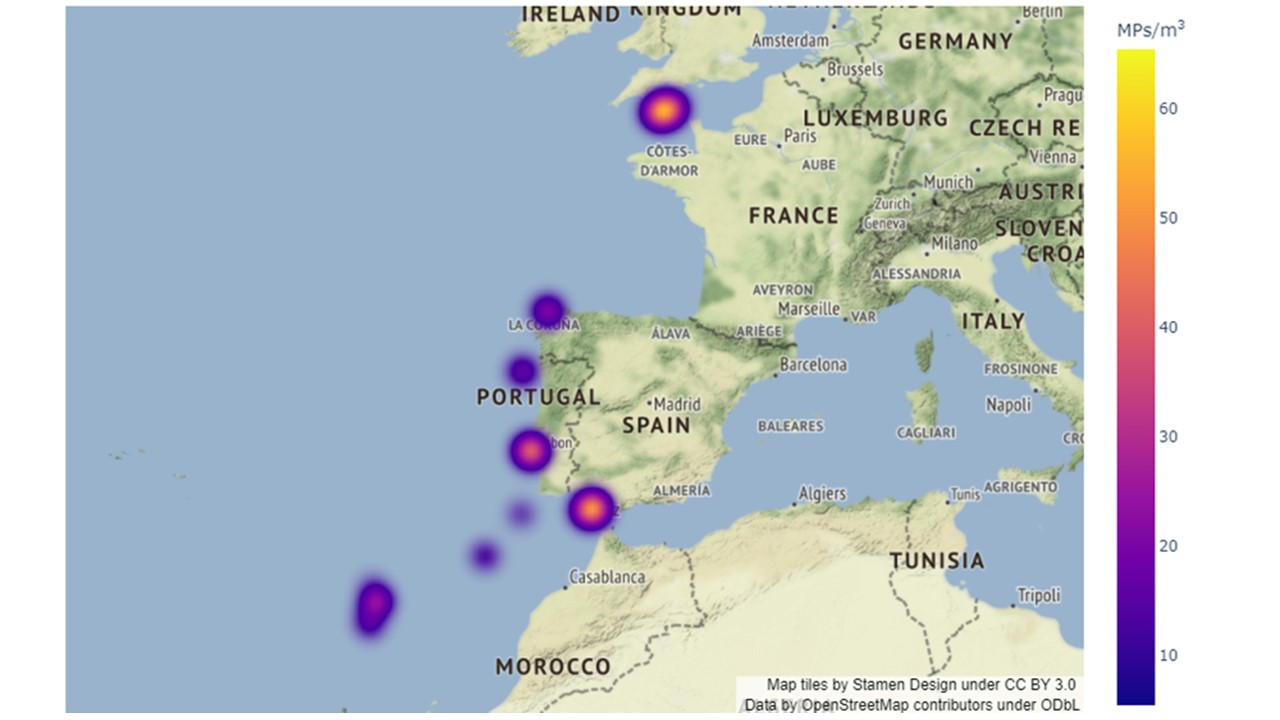 A map over south-west europe with some dots on the ocean close to land. Where the most dense dots seems to be between France and The United Kingdom, and around Portugal. 