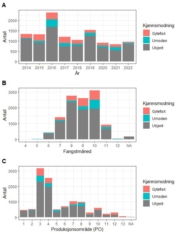 Antall rømt oppdrettslaks registrert i databasen til overvåkingsprogrammet i perioden 2014-2022 med tilhørende kjønnsmodningsstatus (gytefisk, umoden eller ukjent), fordelt på år (A), fangstmåned (B) og per produksjonsområde (C).