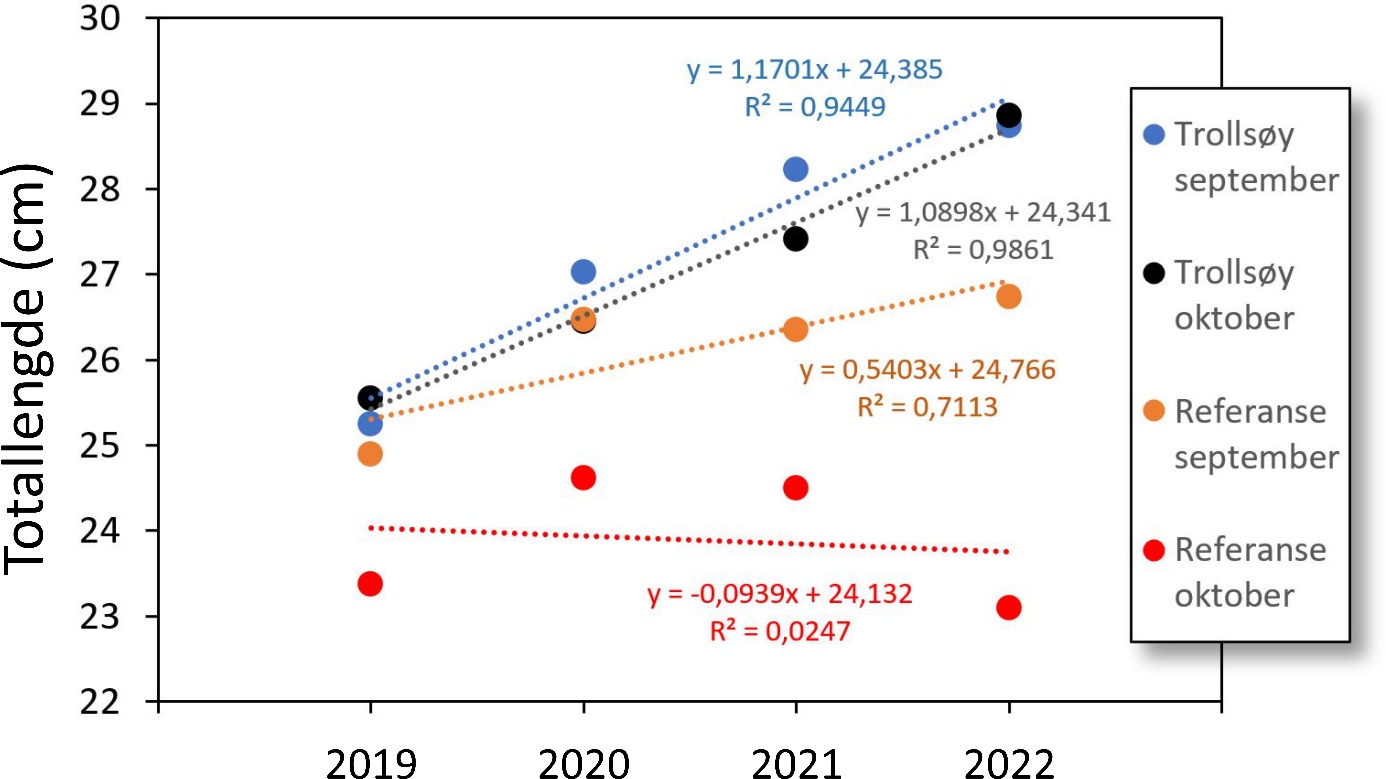 Figur 10. Endring i gjennomsnitt av totallengde hos hummeren i fredningsområdet over tid ved Trollsøy og i referanseområdet.