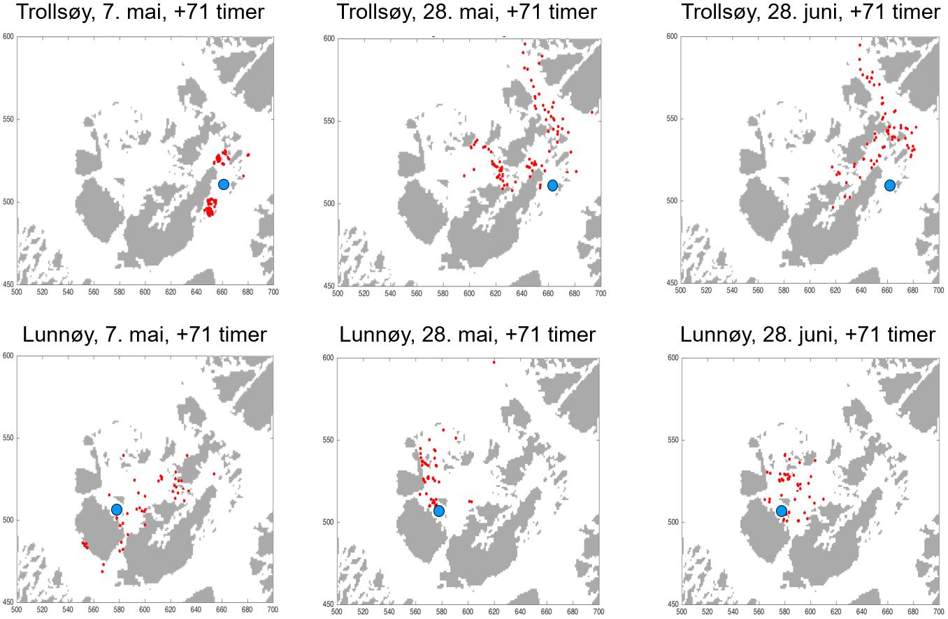 Figur 1. Simulert spredning av partikler sluppet ut i overflaten ved forslag 2) rundt Trollsøy inkludert Småholmane og Grøningen i vest, og forslag 6) rundt Lunnøy. Blå sirkel viser sted for partikkelutslipp i modellen, og røde prikker viser drift av partiklene etter ett døgn.