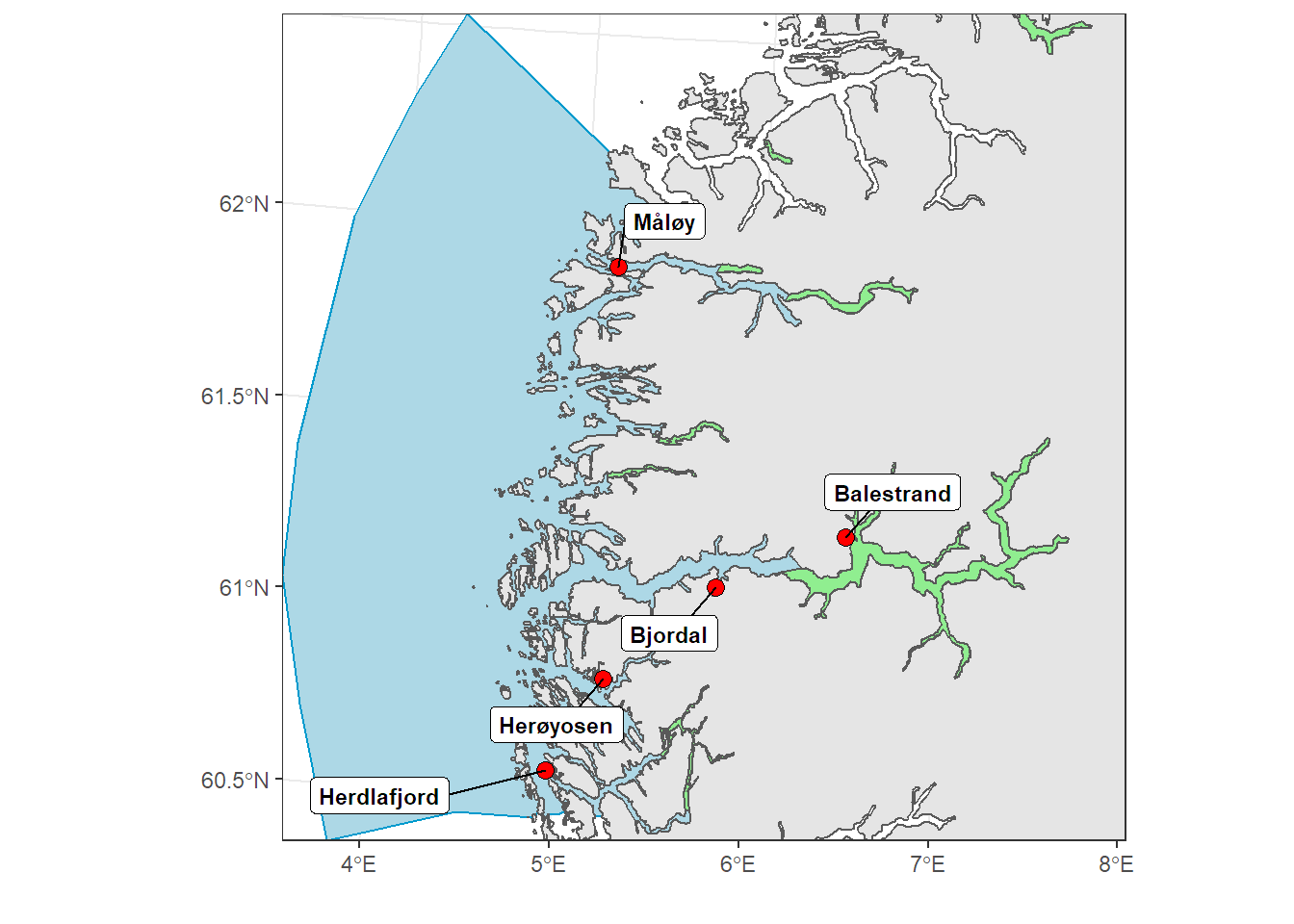 Kart viser overvåkingsstasjoner i PO 4