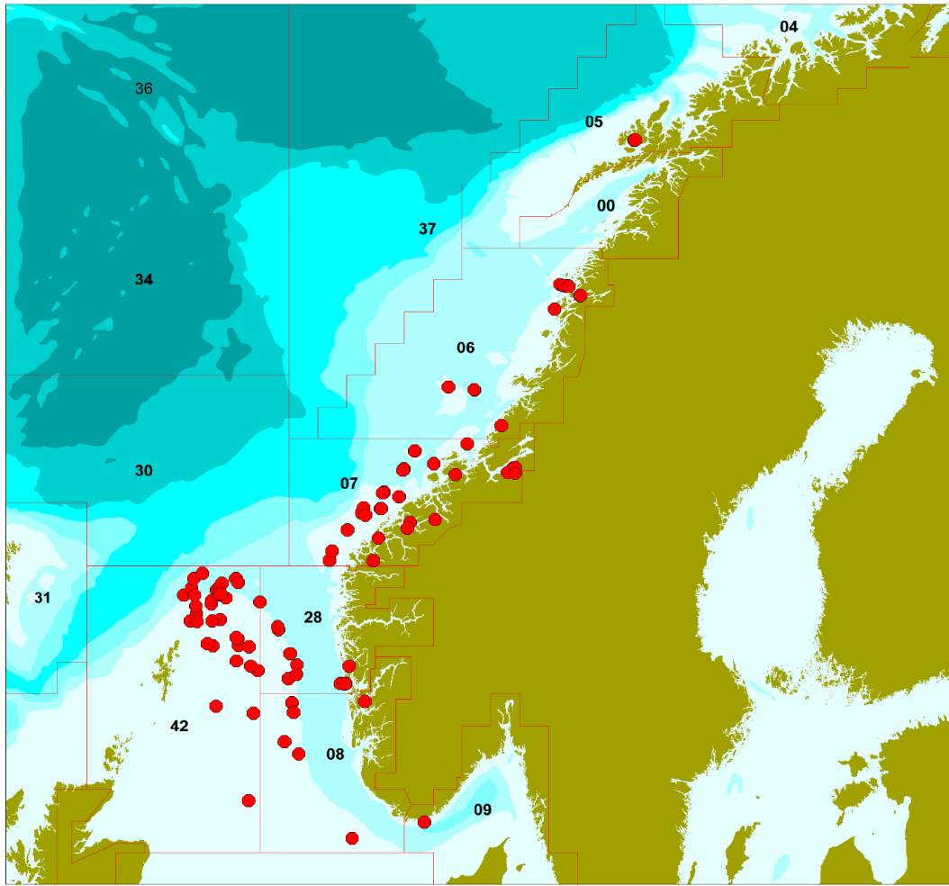 Figure 1. Positions where European hake (Merluccius merluccius) were sampled during 2019-2022. Numbers represent areas designated by the Directorate of Fisheries, applied for Norwegian fishery statistics were sampled during 2019-2022. The numbered areas are the statistical areas of the Directorate of Fisheries, applied for Norwegian fishery statistics.