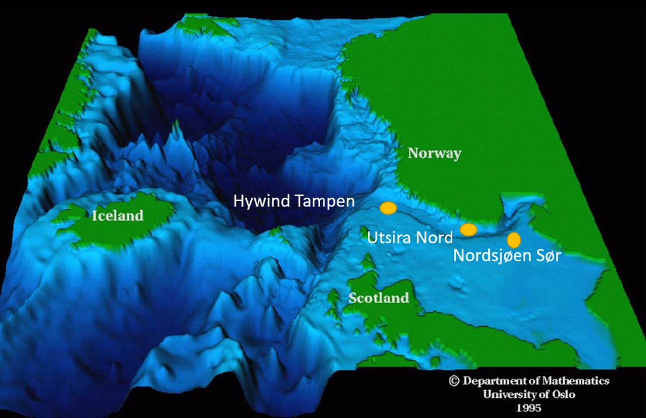 Dybdekart over havområdene med plassering av de tre havvind anleggene