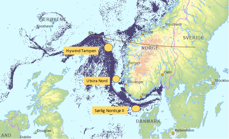 Viser hvordan de tre havvindanleggene ligger i forhold til fiskeriaktivitet.