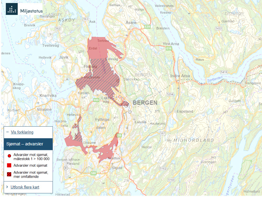 Kart Bergensområdet med område for advarsler