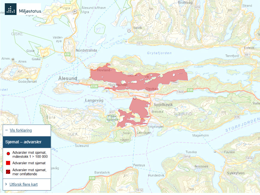 Kart Ålesundsområdet med område for advarsler