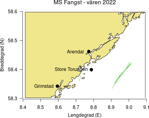 Figur 23 . Halposisjoner for toktet med MS Fangst, 24.04-05.05 2022.