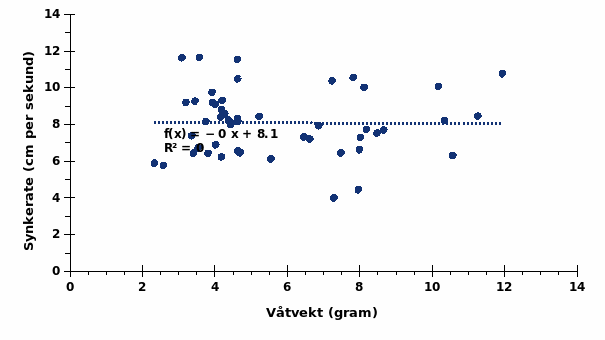 Sammenheng mellom våtvekten og synkehastigheten til nylig døde reker. 