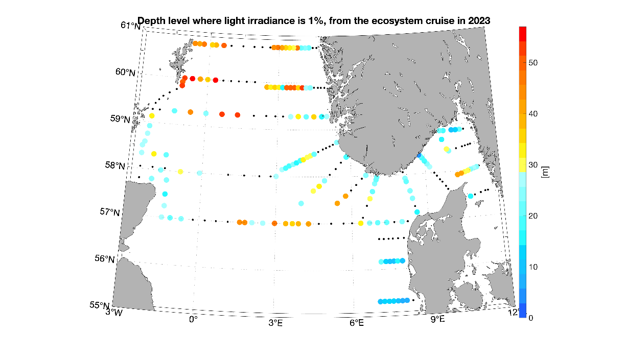 Figure 8. Areal distribution of the 1% light irradiance depth. Warmer color indicates that light reached deeper layers and thus suggests lower particles concentration in the water. 