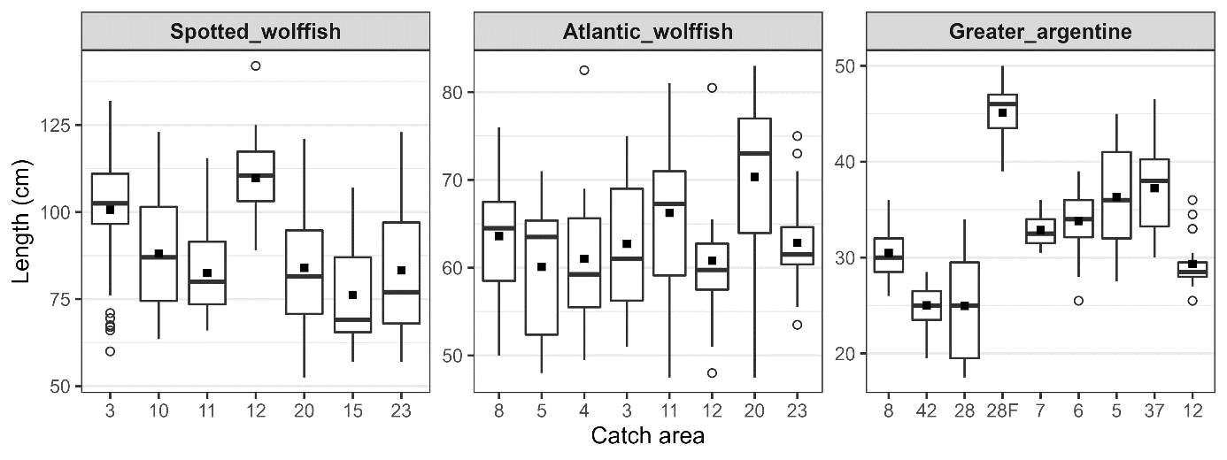 Figur som viser lengde av fiskene i de forskjellige områdene.