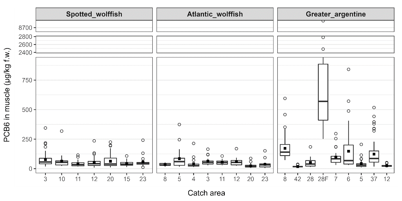 Figur som viser konsentrasjoner av PCB6 i muskel av fiskene i de forskjellige områdene basert på fettvekt.
